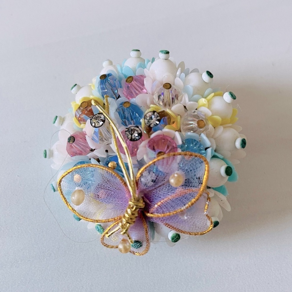Floral Butterfly Brooch with Gold Accents- Multicolored- Vintage